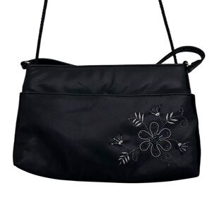 Chic Black Floral Embroidered and Beaded Shoulder Bag
